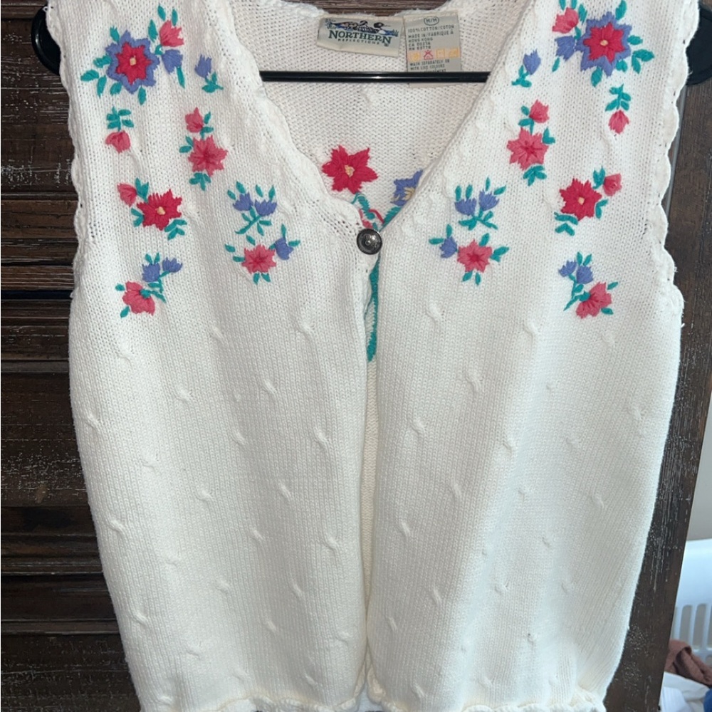 Northern Reflections White Knit Vest with Pink & Purple Floral Accents